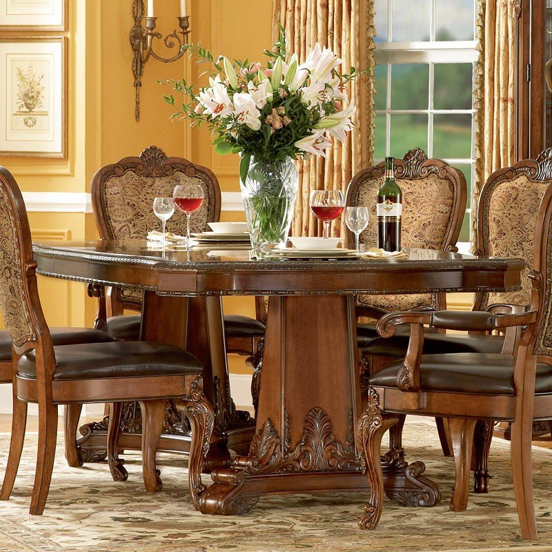 Old World Double Pedestal Dining Set W Shield Chairs Art Furniture Furniture Cart
