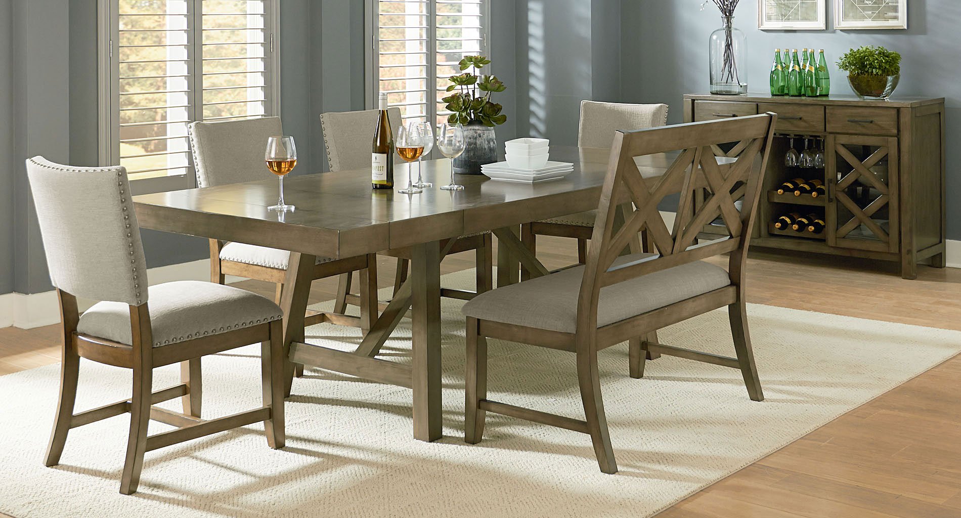Omaha Dining Room Set W/ Bench And Upholstered Chairs (Grey) Standard