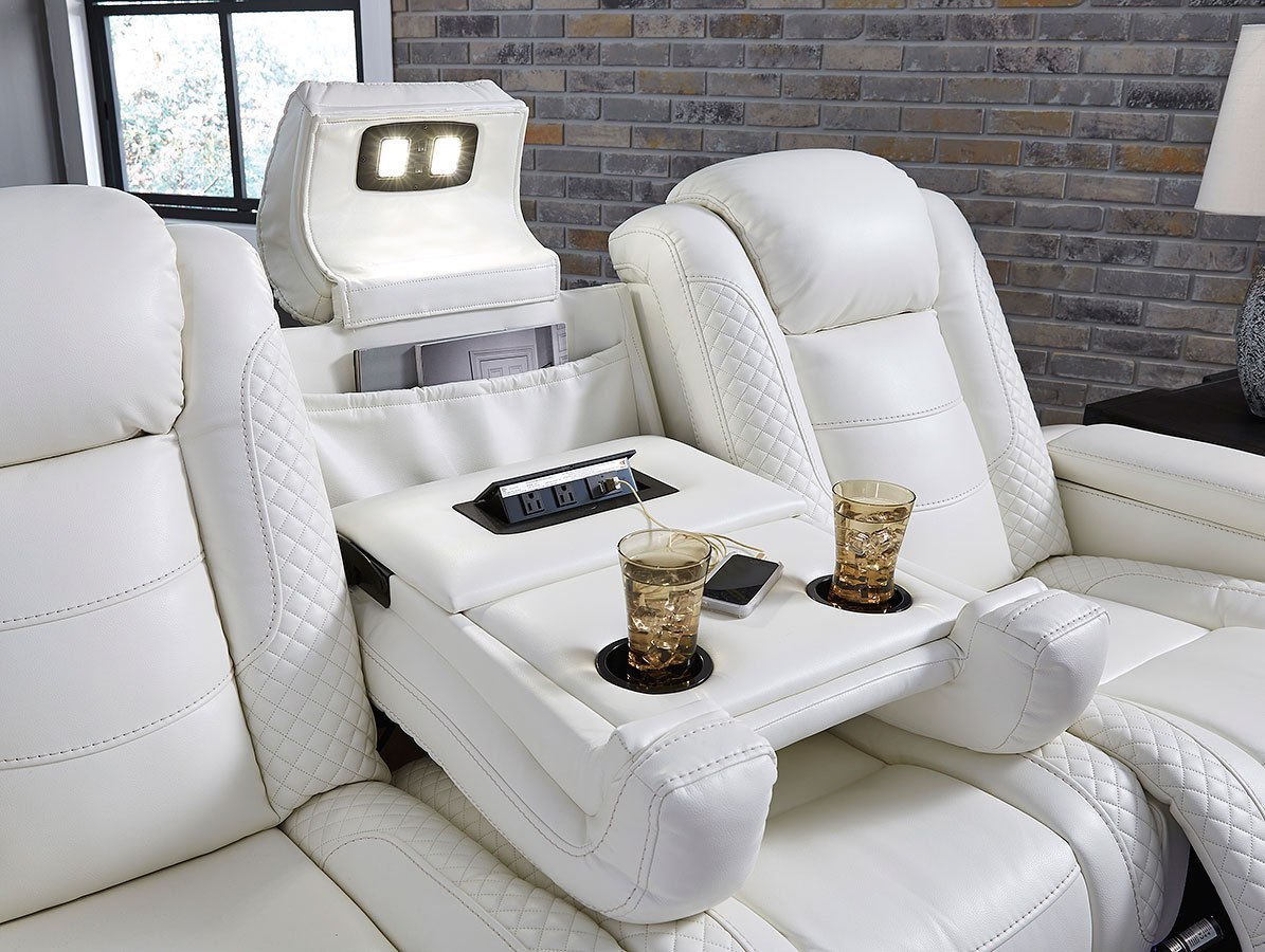 Party Time White Power Reclining Sofa W/ Adjustable Headrests Signature