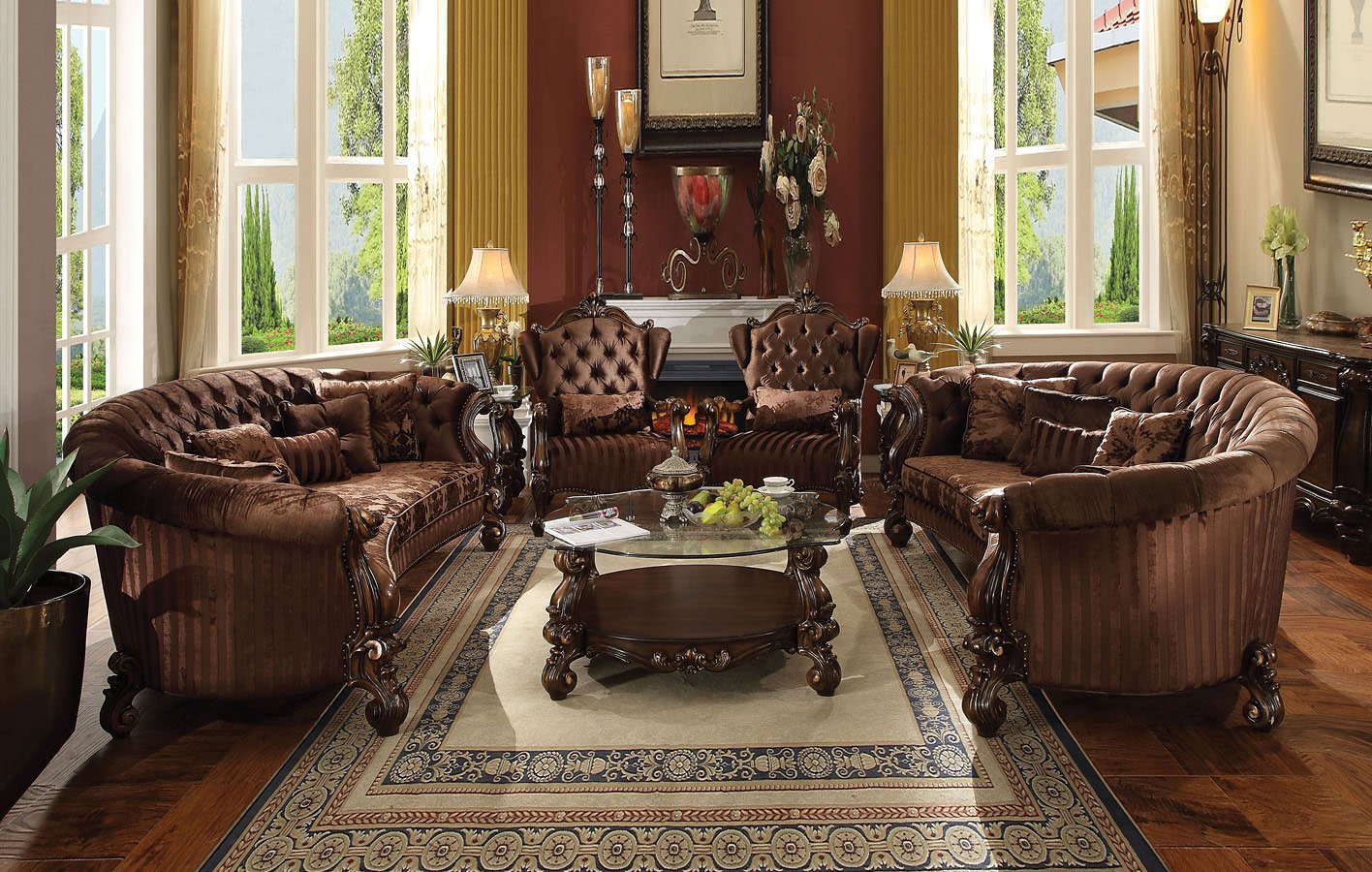 Versailles Crescent Living Room Set (Brown Velvet)