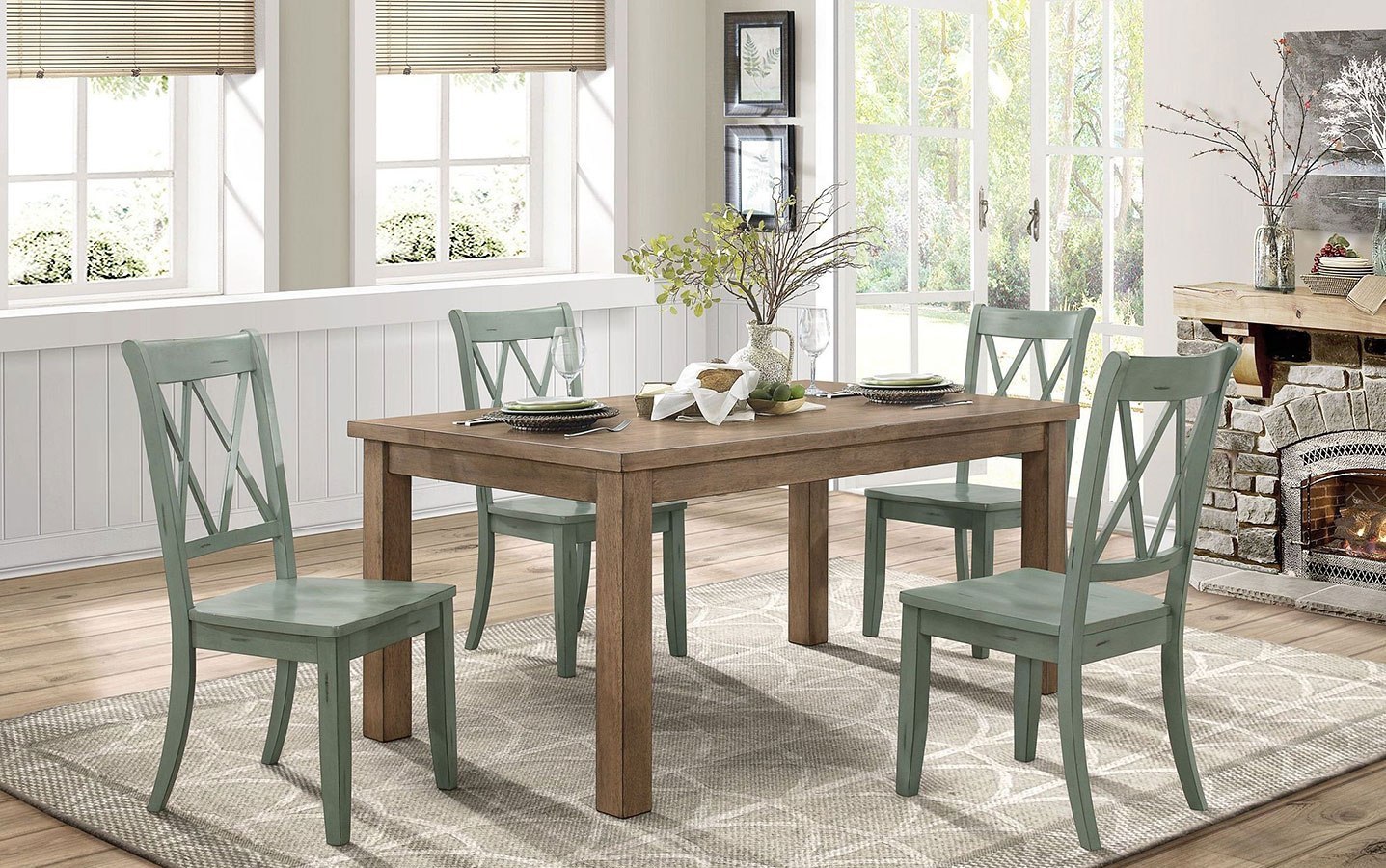 Janina Dining Room Set W Teal Chairs Homelegance Furniture Cart