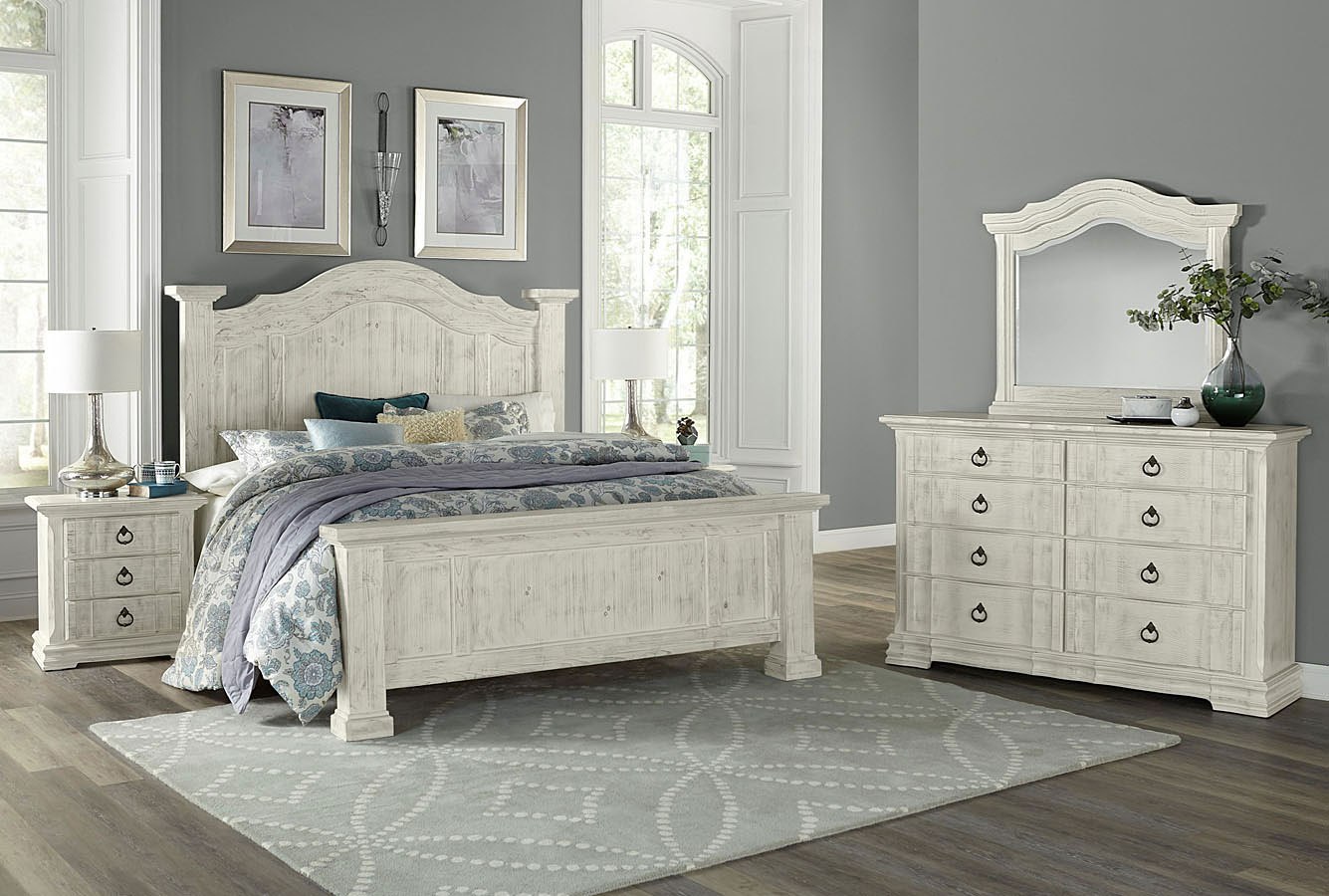 Rustic Hills Poster Bedroom Set Weathered White Vaughan Bassett   684 559 955 922 Br Set Pst White 1 