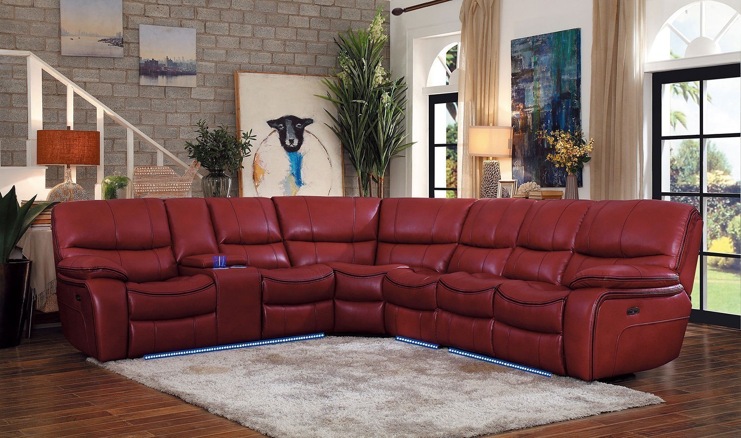 Living Room Red Reclining Power Sectional Sofa w Console USB And LED Lights Home 