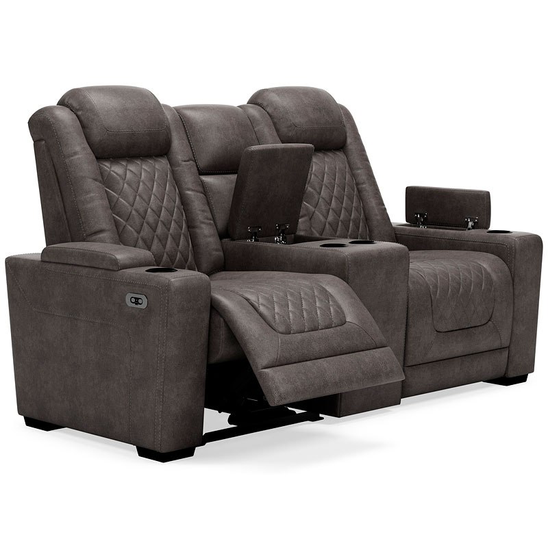 HyllMont Gray Power Reclining Console Loveseat W/ Adjustable Headrests Signature Design