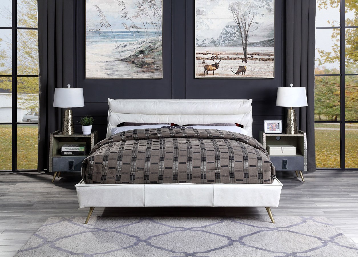 Doris Upholstered Panel Bedroom Set (White) Acme Furniture Furniture Cart