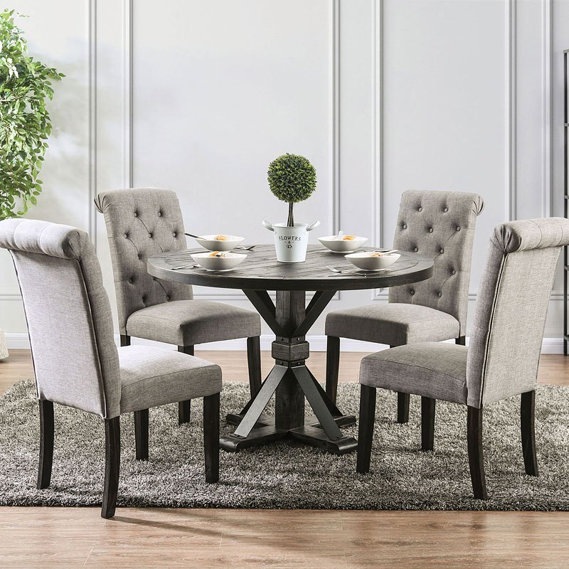 round grey dining table and chairs