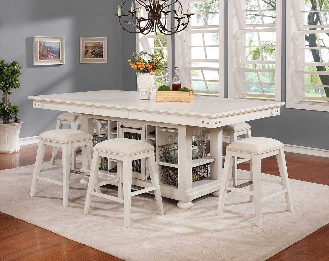 Vintage Americana Kitchen Island Set W Backless Stools Brushed White Avalon Furniture Furniture Cart