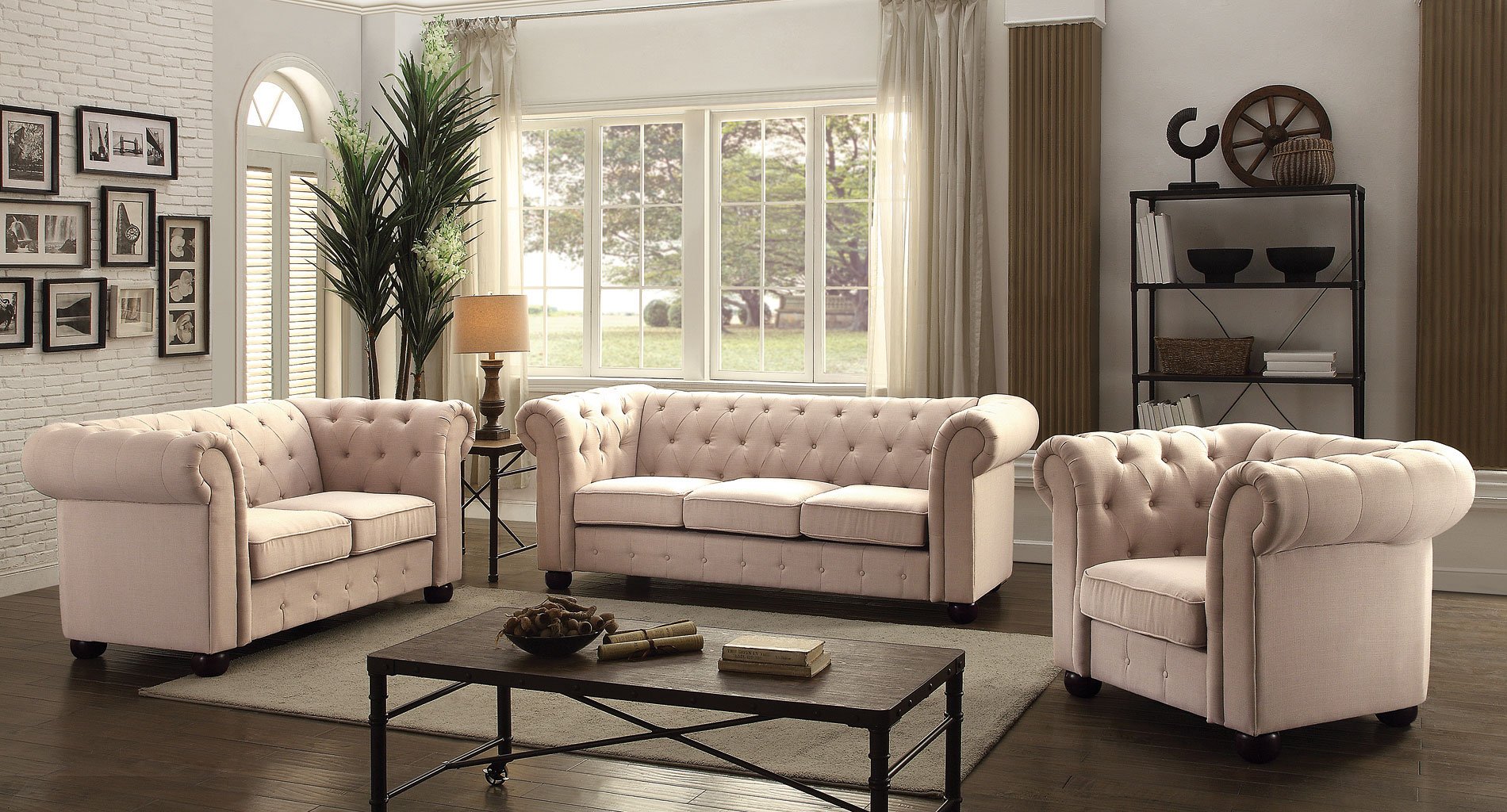 living room with tufted furniture
