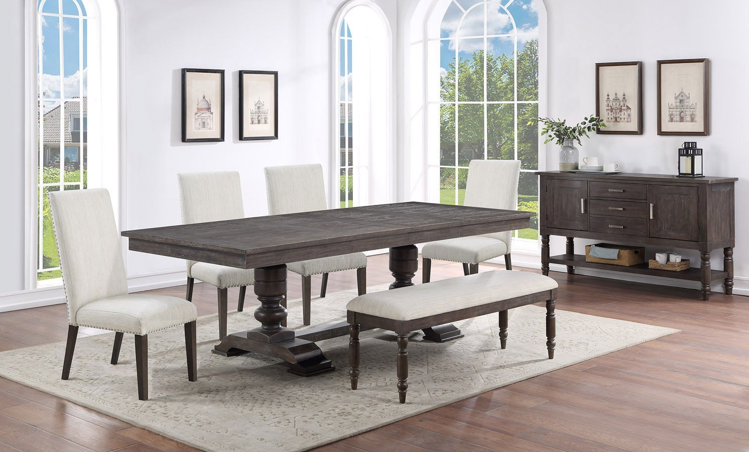 Hutchins Dining Room Set W/ Upholstered Chairs And Bench Steve Silver