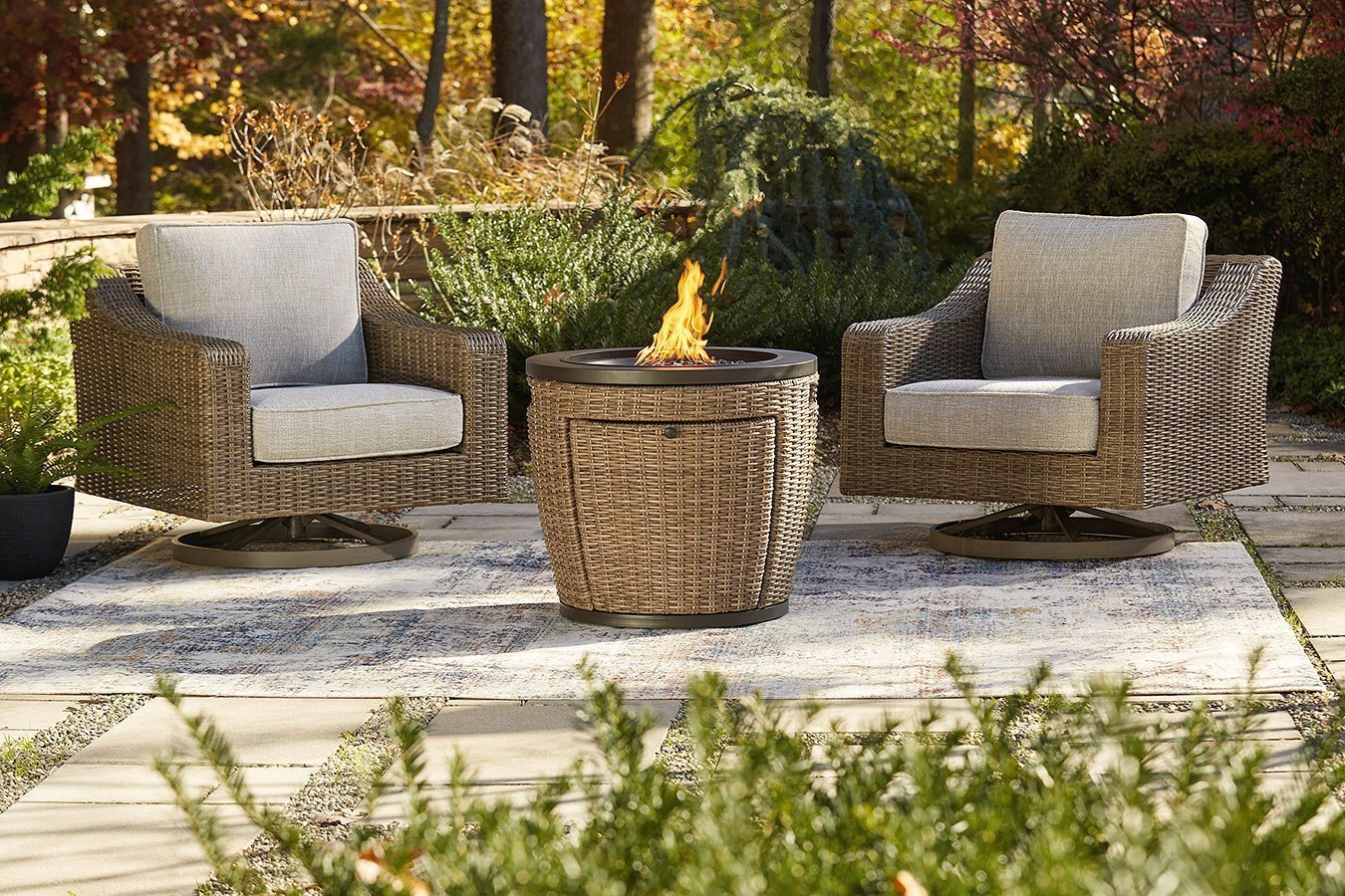 Malayah Fire Pit Table Set W/ Beachcroft Lounge Chairs Signature Design ...