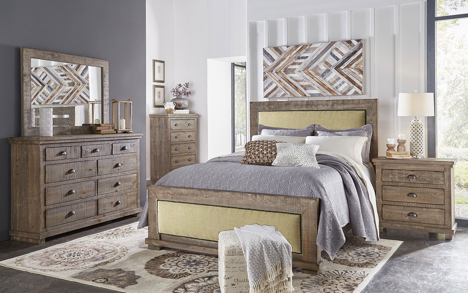 Willow Upholstered Bedroom Set Weathered Grey