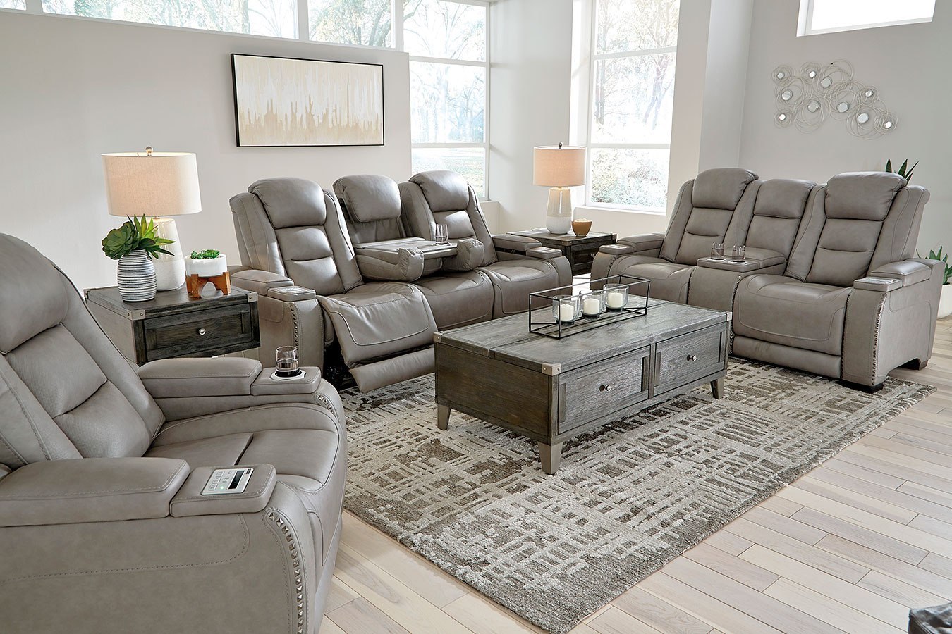 The Man-Den Gray Power Reclining Living Room Set W/ Adjustable Headrests Signature Design 