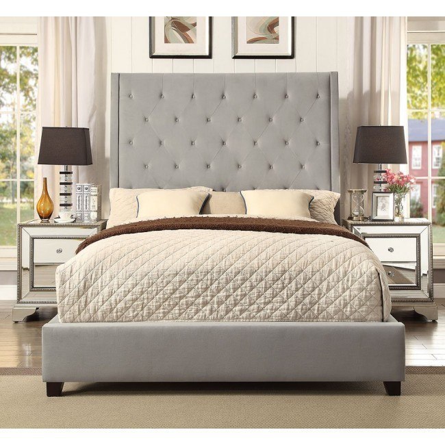 Reese Grey Blue Upholstered Bed Crown Mark Furniture | Furniture Cart