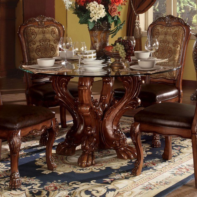 Dresden Round Glass Top Dining Table Cherry Oak Acme Furniture Furniture Cart