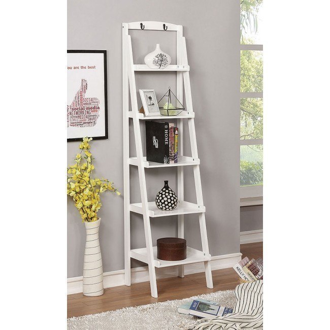 white ladder shelf with drawers