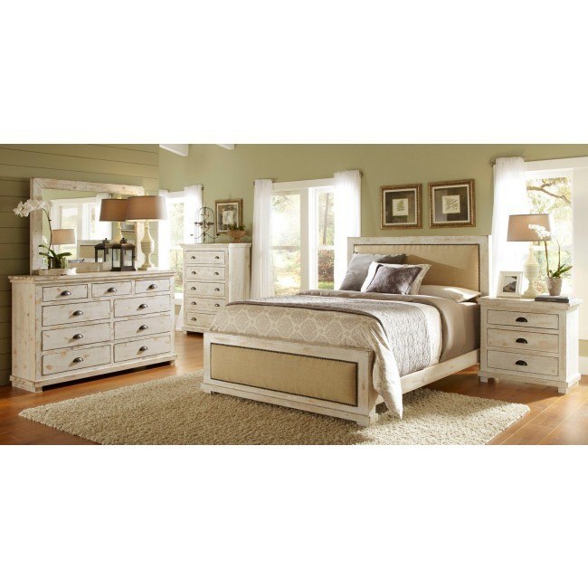 Willow Upholstered Bedroom Set Distressed White